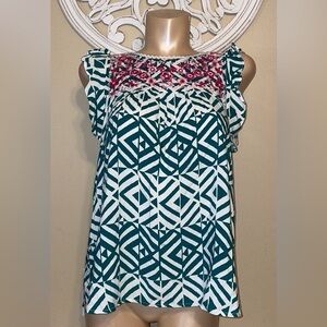 Savanna Jane womens blouse medium embroiderer lace teal white pink ruffle sleeve